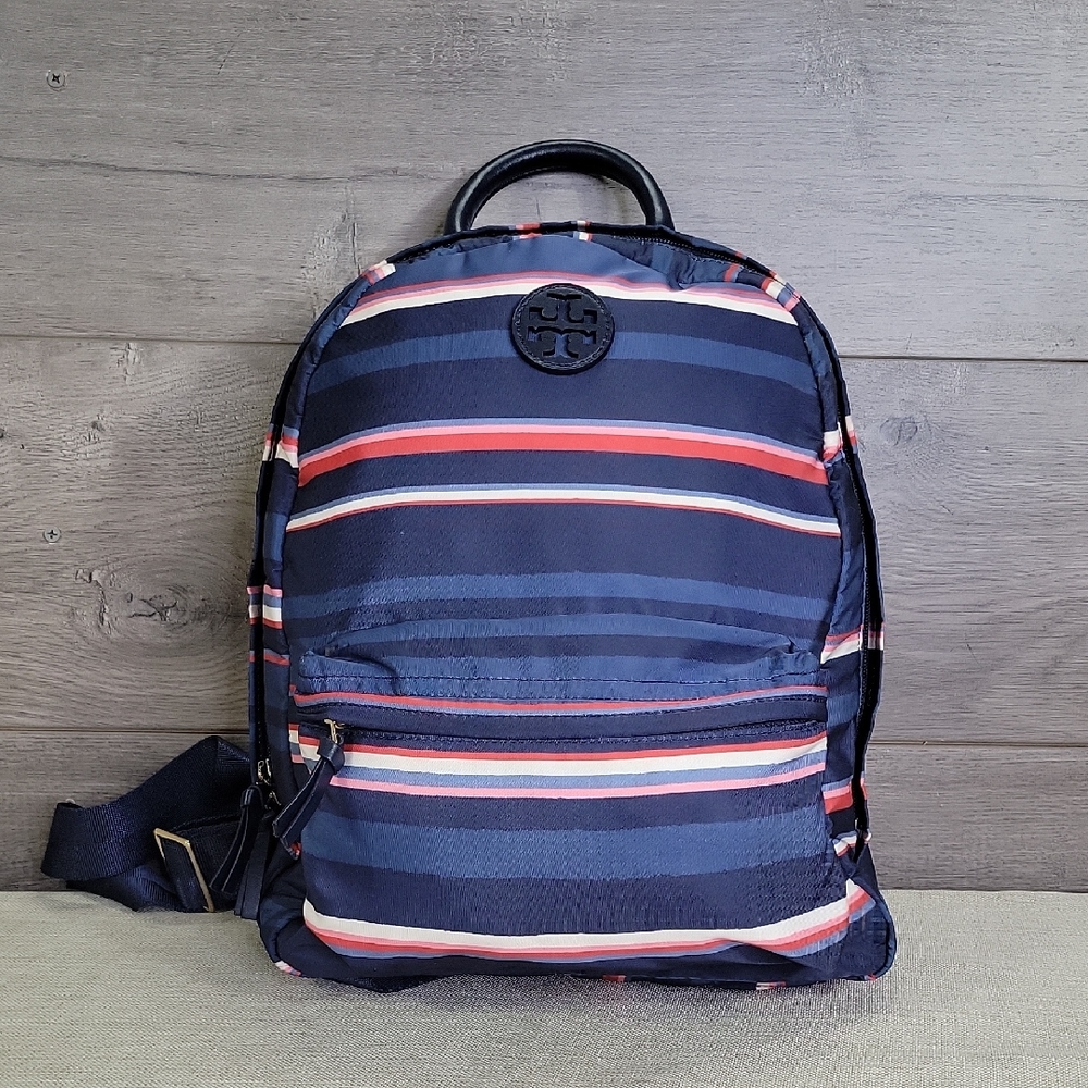 Tory Burch Navy Striped Nylon Backpack